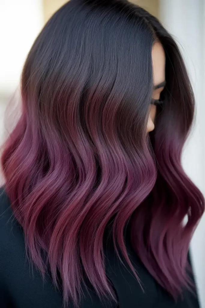 Soft Burgundy Tint on Dark Hair Ends