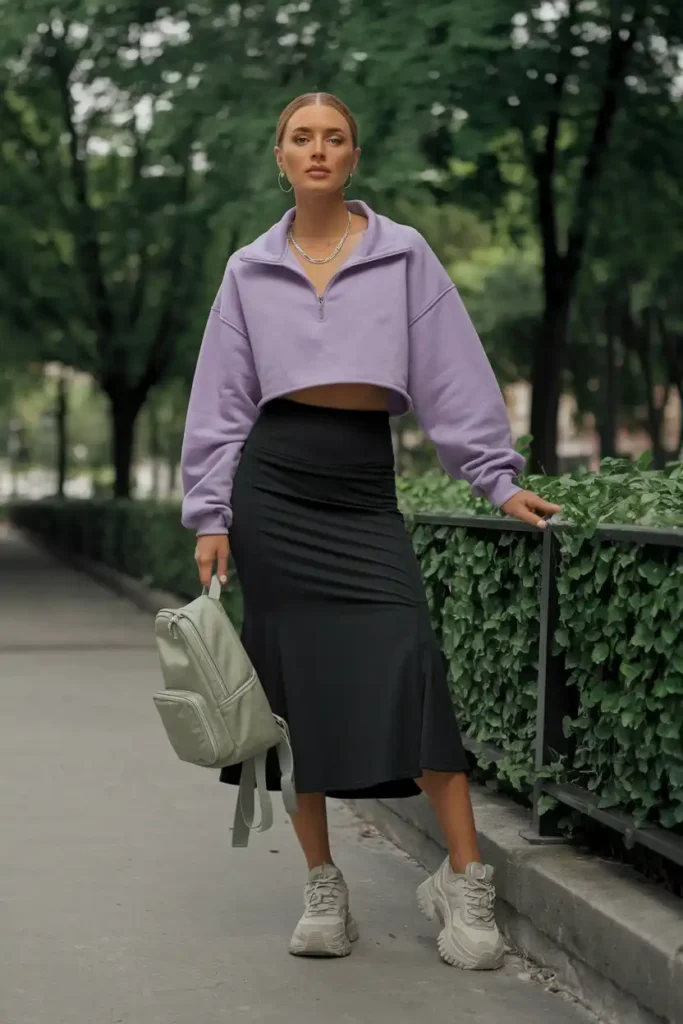 Sporty Midi Skirt and Cropped Zip-Up