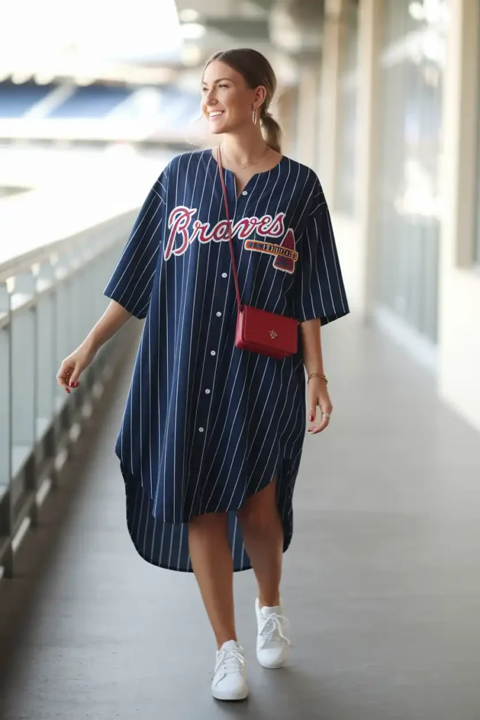 Striped Braves Shirt Dress With Sneakers