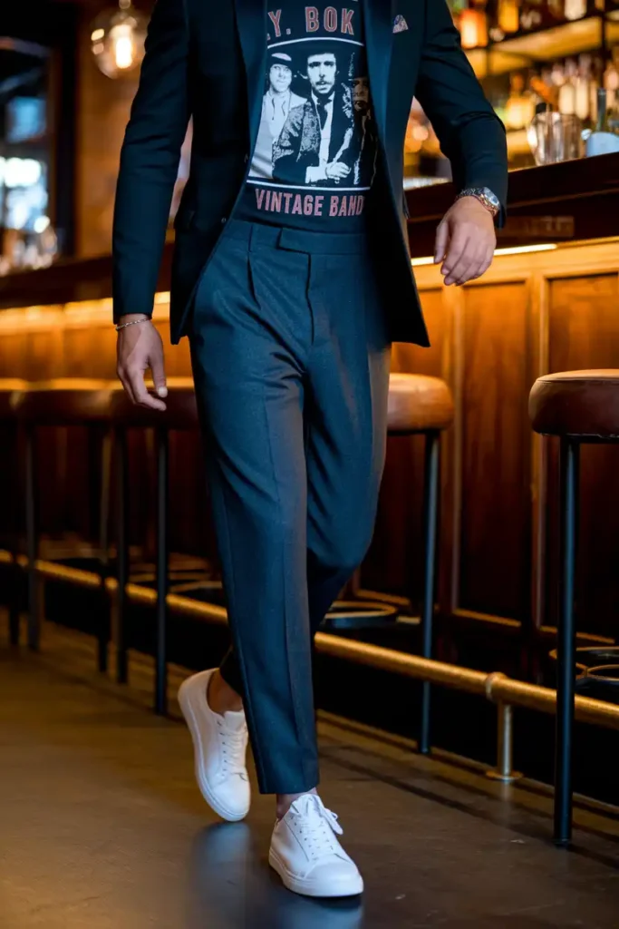 Tailored Blazer Over a Graphic Tee With Sneakers