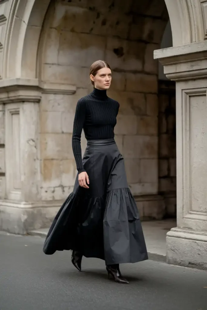 Tiered Ruffle Maxi Skirt and Fitted Turtleneck Sweater