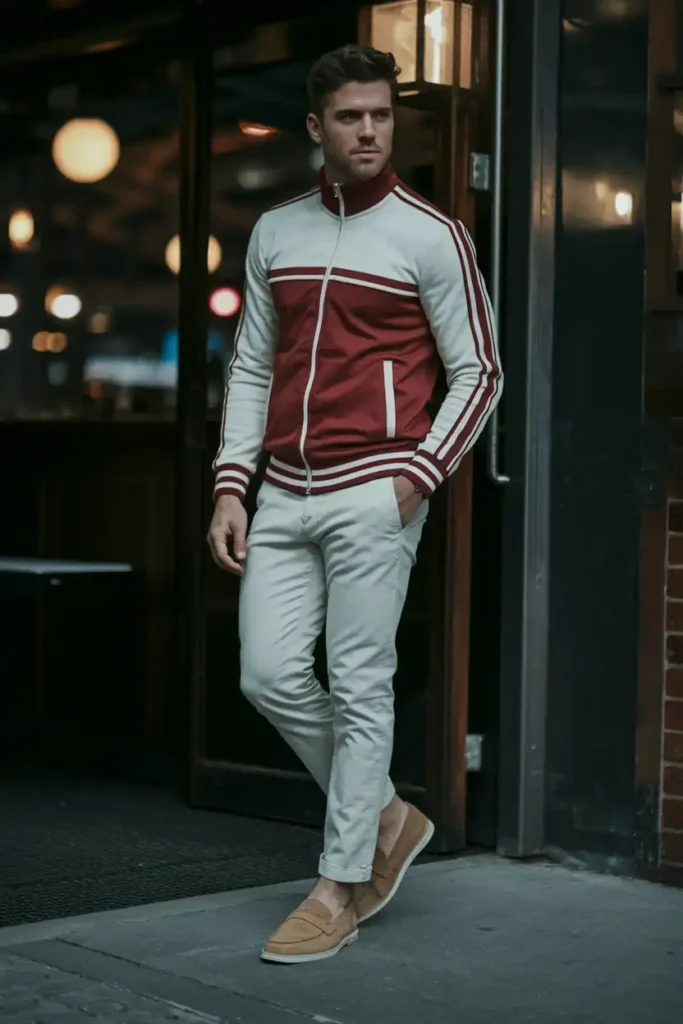 Track Jacket With Slim Chinos and Suede Loafers