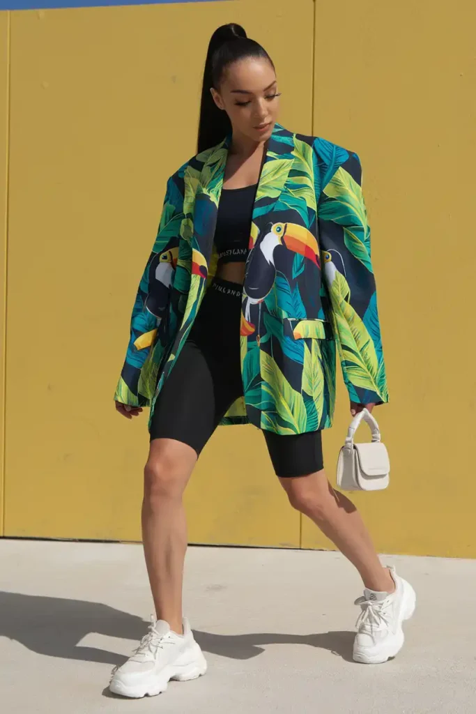 Tropical Print Blazers Worn Over Biker Shorts