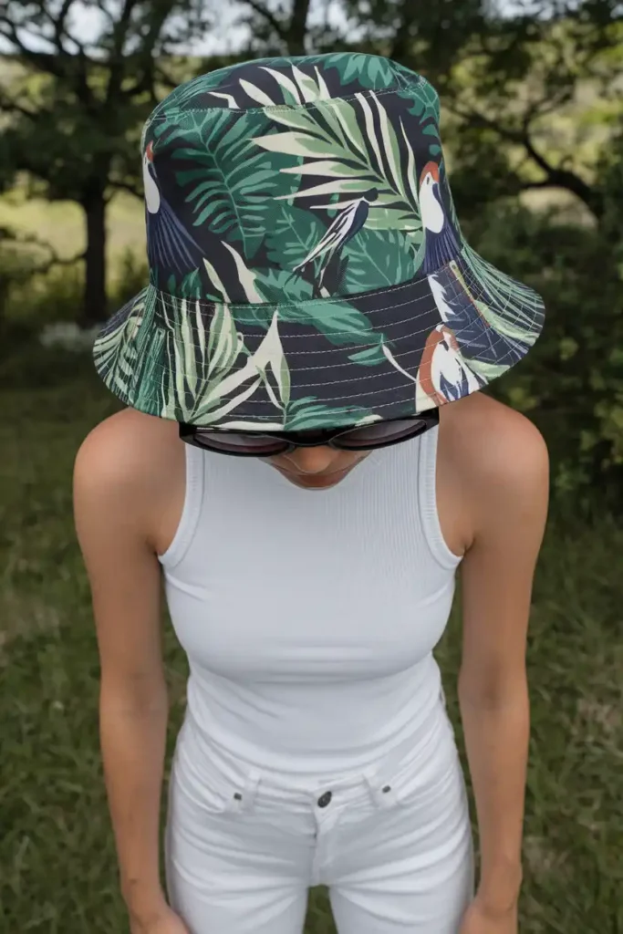 Tropical Print Bucket Hats Styled With Monochrome Outfits