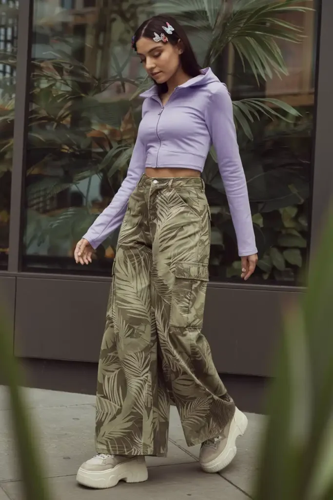 Tropical Print Cargo Pants With Crop Hoodies