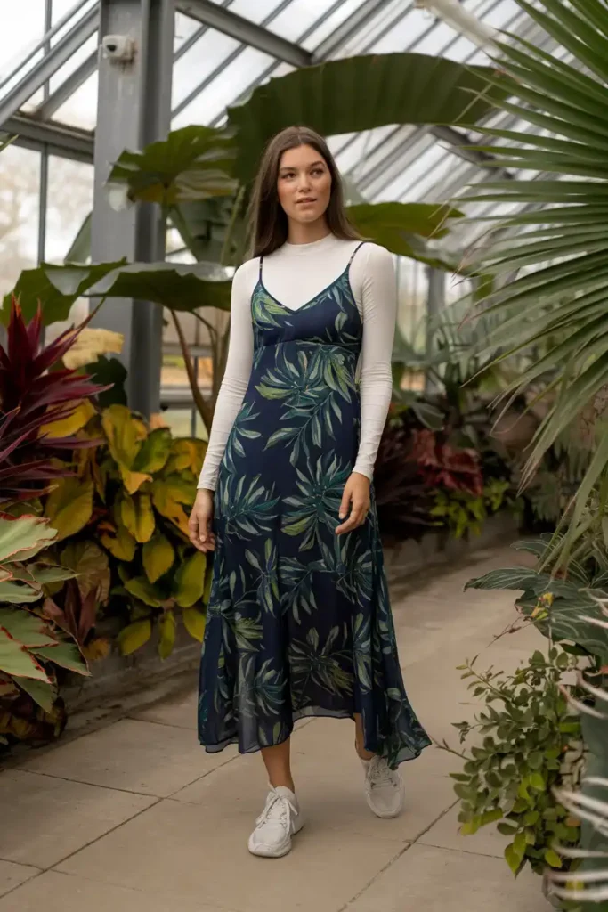 Tropical Slip Dresses Layered Over Long-Sleeve Fitted Tops