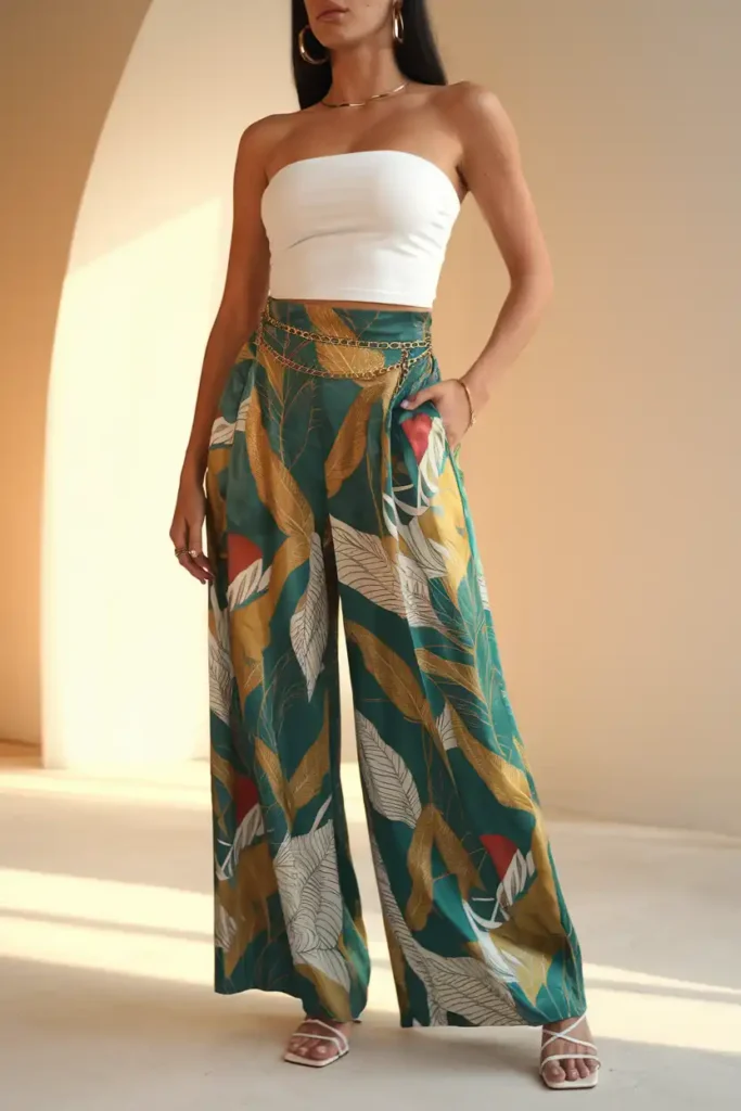 Tube Tops With High-Waisted Tropical Print Wide-Leg Trousers