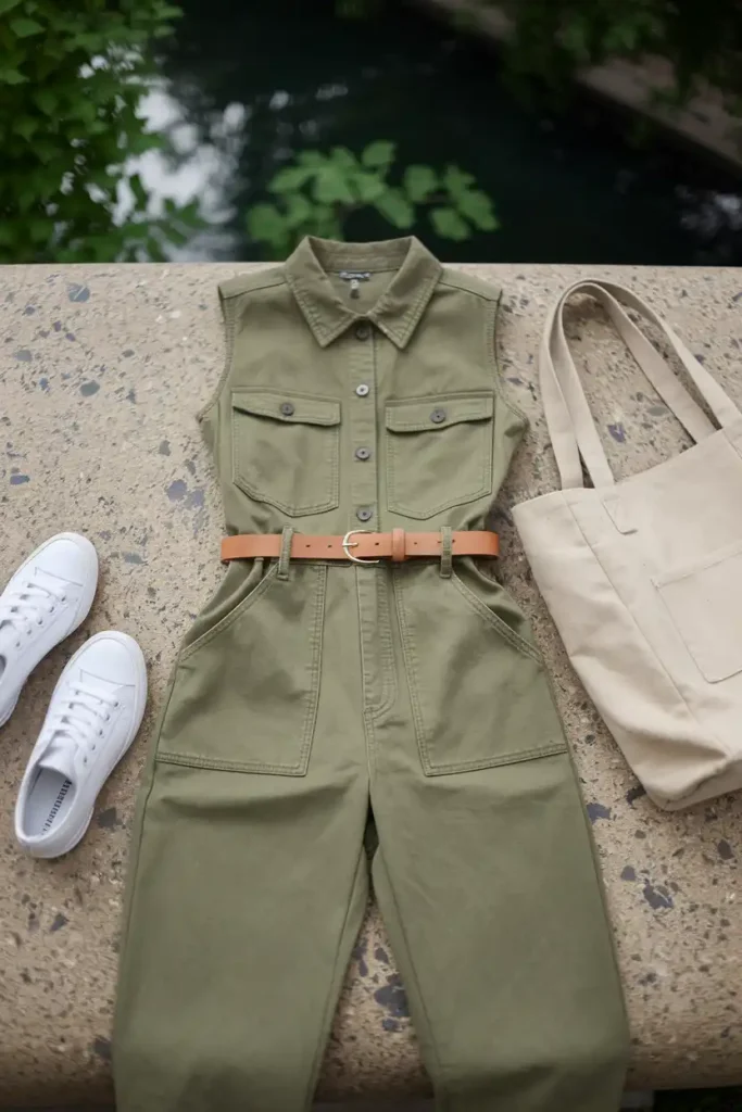 Utility Jumpsuit With a Belt and White Sneakers
