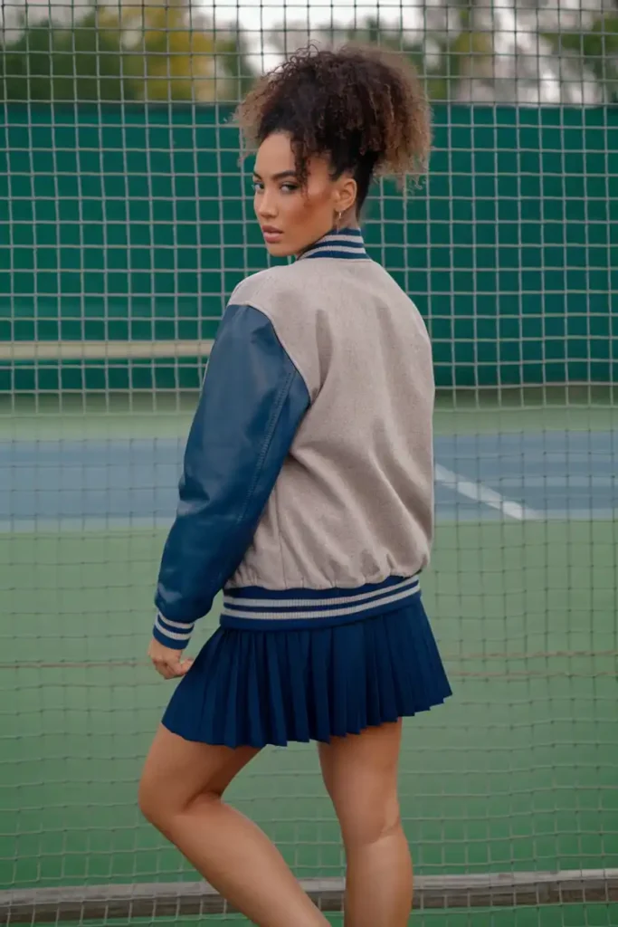 Varsity Jacket and Pleated Mini Skirt