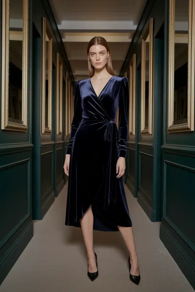 Velvet Wrap Dress with Pointed-Toe Heels