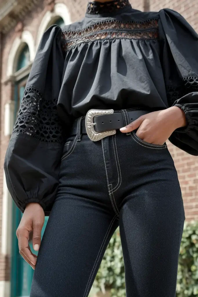 Victorian Neckline Top and Dark Denim for Casual Outings