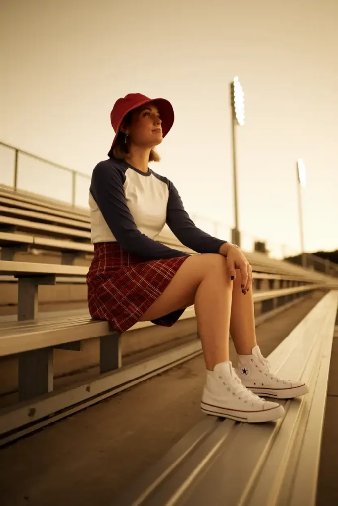 Vintage Baseball Tee with a Plaid Mini Skirt