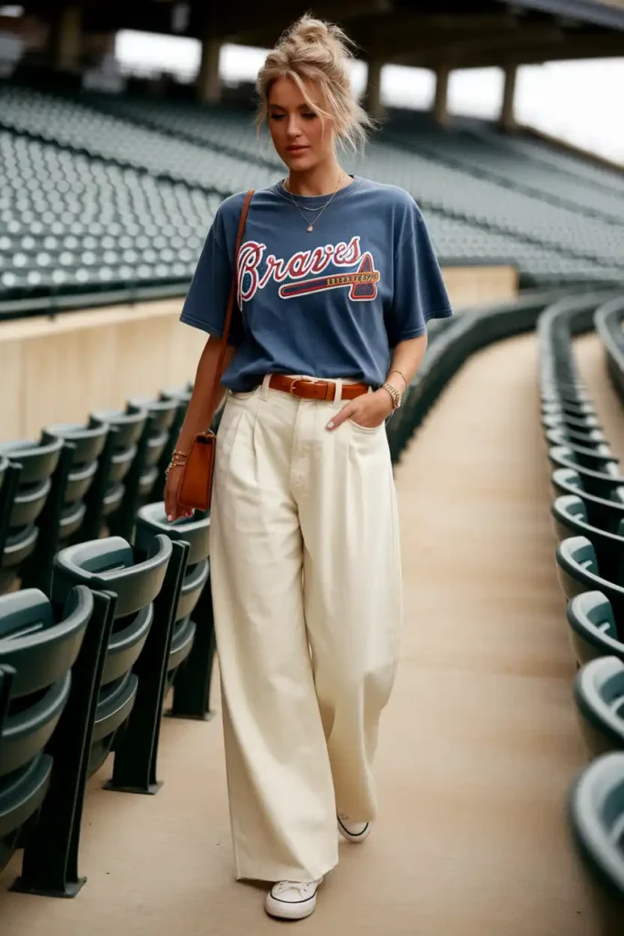 Vintage-Style Braves Tee and Wide-Leg Trousers