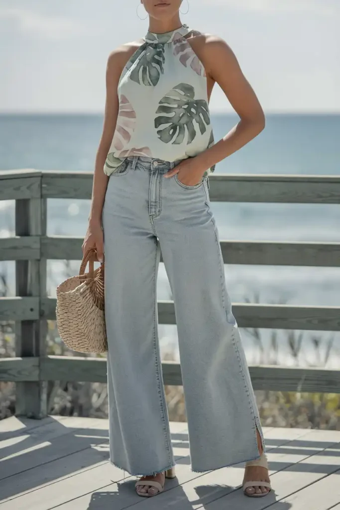 Wide-Leg Jeans in Washed Denim Styled With Tropical Halter Tops