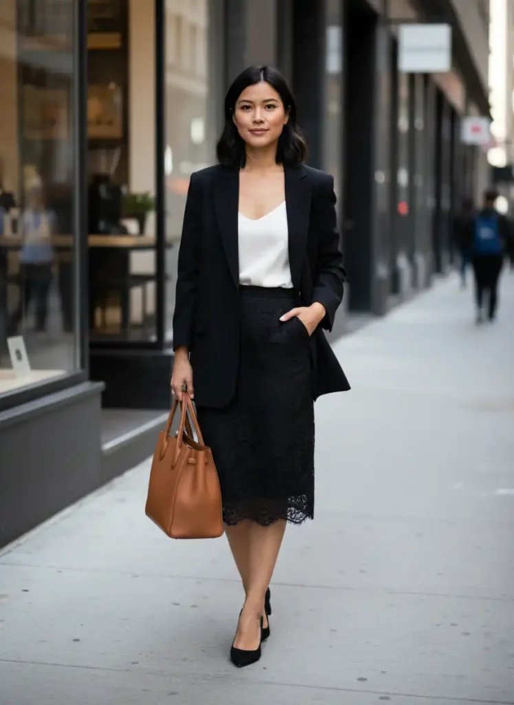 Black Lace Skirt With a Fitted Blazer for Work