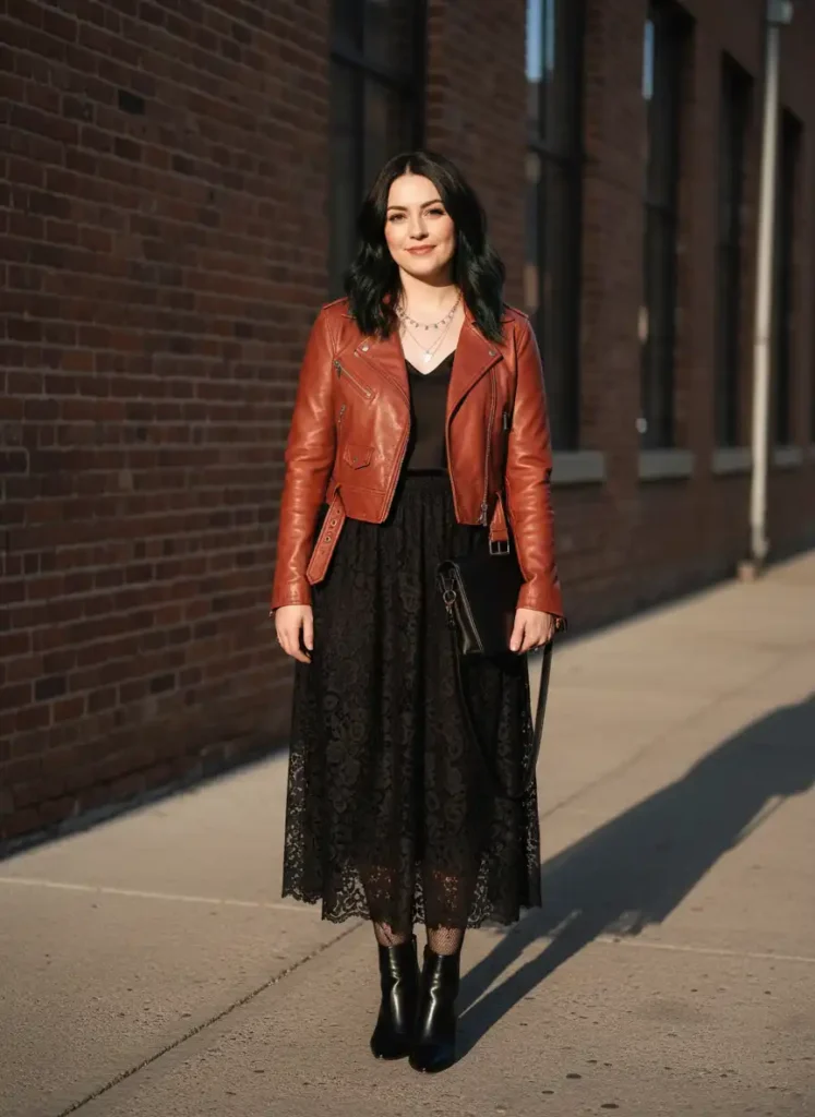 Black Lace Skirt With a Leather Jacket for Edge