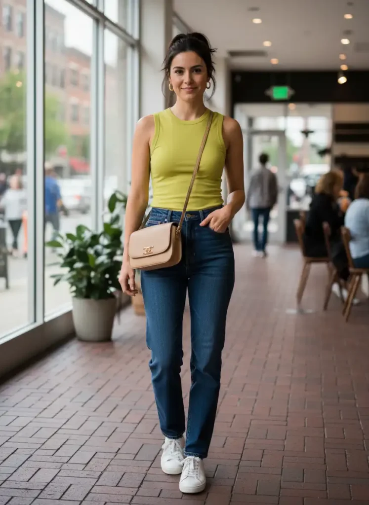 Chartreuse Dress With Denim for a Smart Casual Look