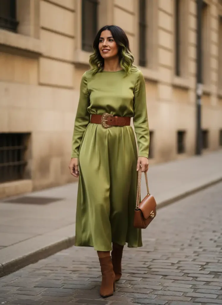 Chartreuse Dress With a Brown Belt and Ankle Boots