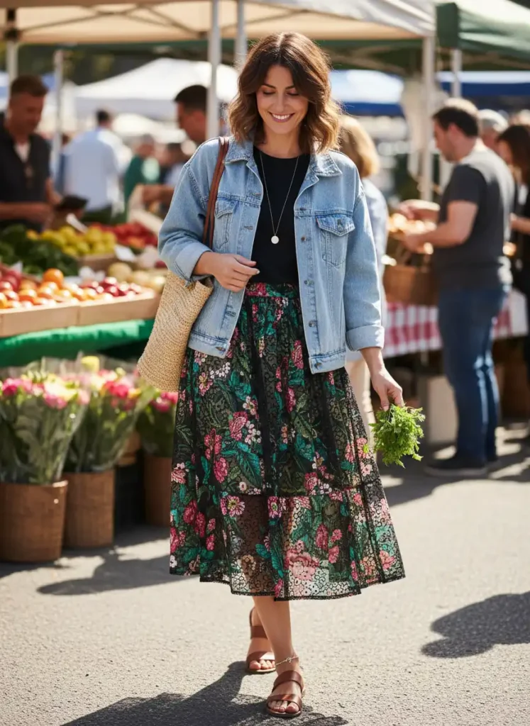 Denim Jacket Over a Floral-Inspired Sheer Skirt Outfit