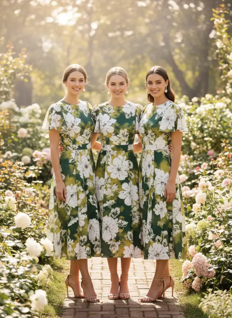 Floral Bridesmaid Dresses in Chartreuse and Green Tones