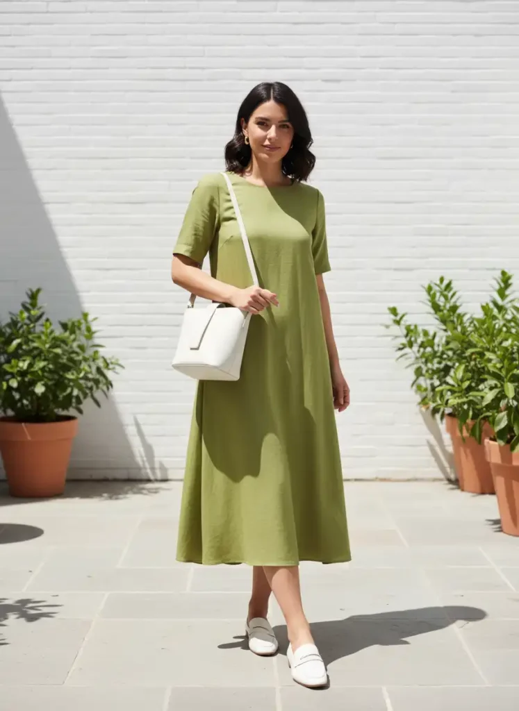 Green Chartreuse Dress With White Accessories for a Clean Look