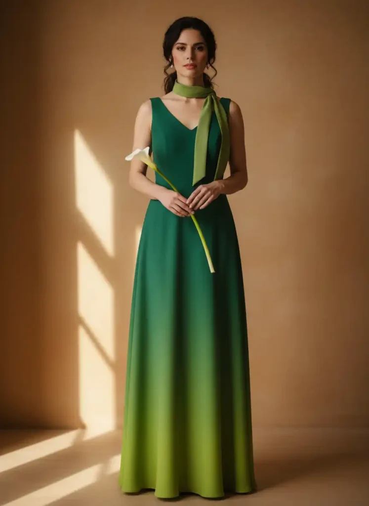 Green Formal Bridesmaid Dress With a Neck Scarf