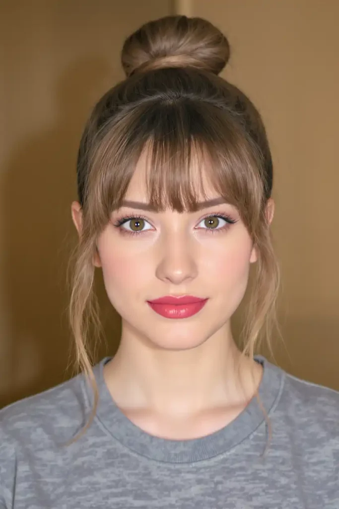 High Bun With Curtain Bangs for a Softer Look