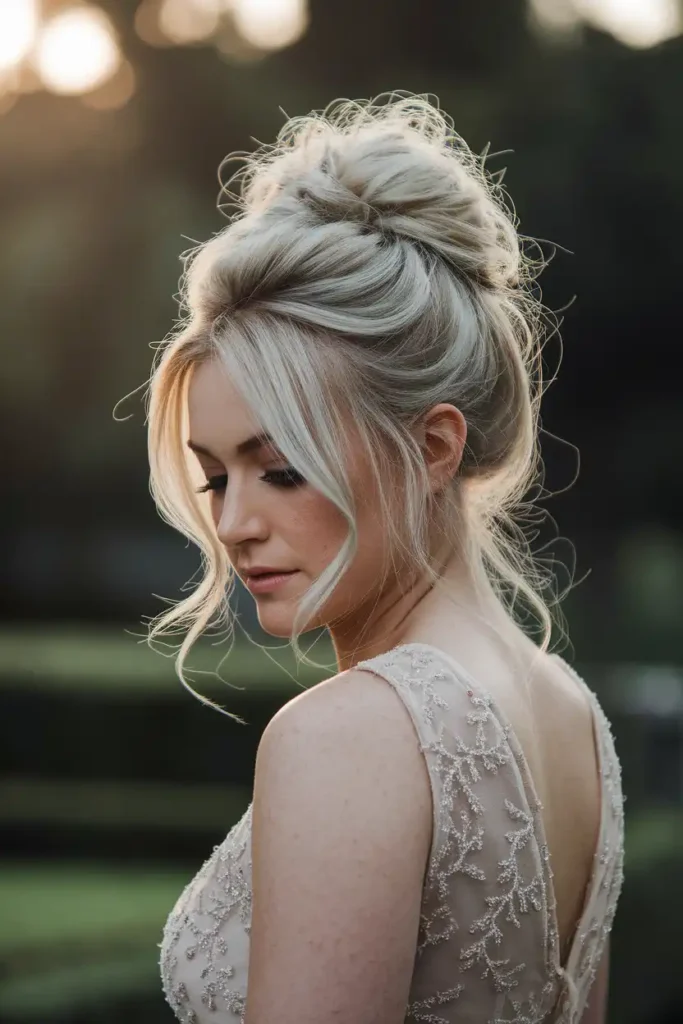 High Bun With Loose Tendrils for a Romantic Look