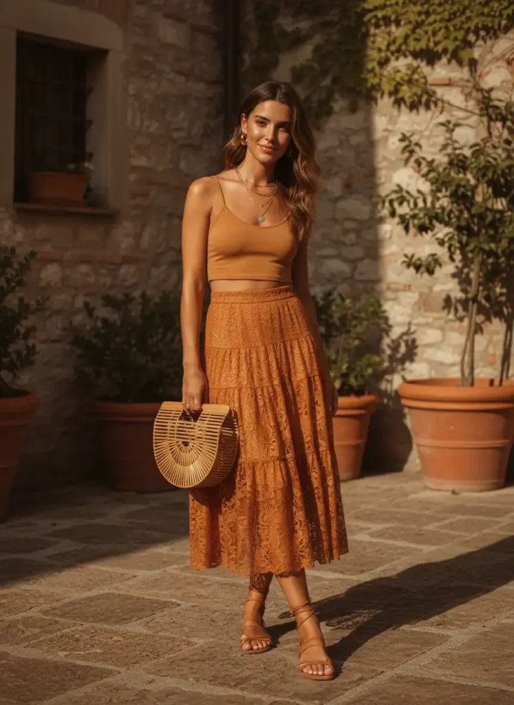 Honey Lace Skirt With a Fitted Crop Top
