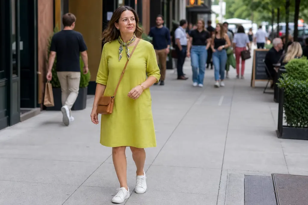 How to Wear a Green Dress With a Neck Scarf in Everyday Outfits