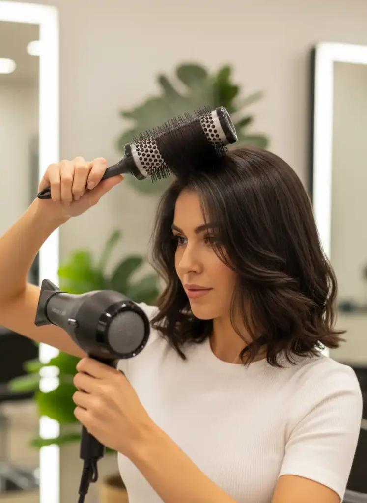 Lob Hairstyle Blow-Dried With a Round Brush