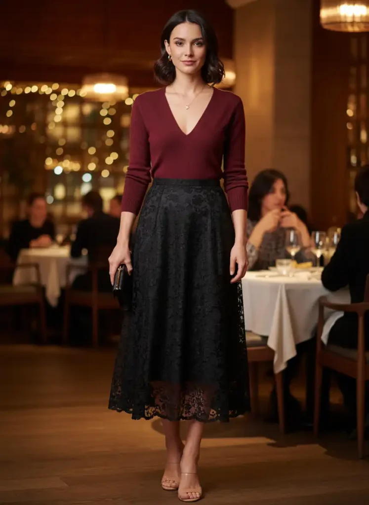 Low V Neck Sweater Outfit Paired With Midi Lace