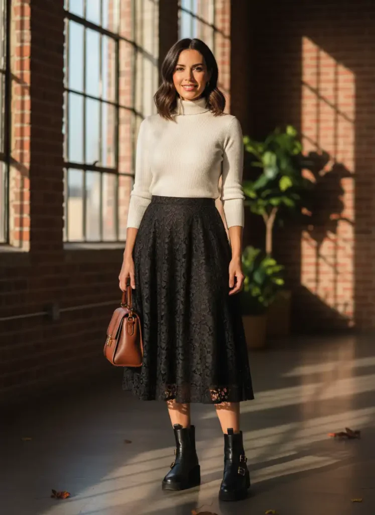 Midi Lace and a Fitted Turtleneck: A Fall Combination That Works