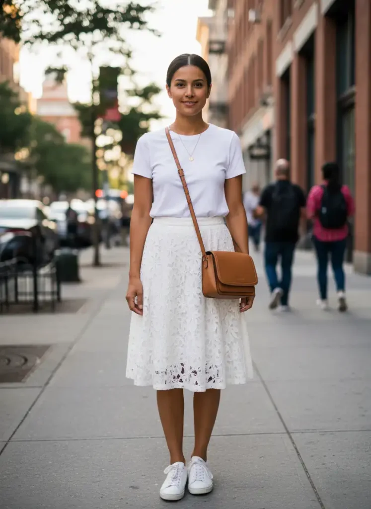 The Classic Lace Skirt Outfit: White Tee and Sneakers