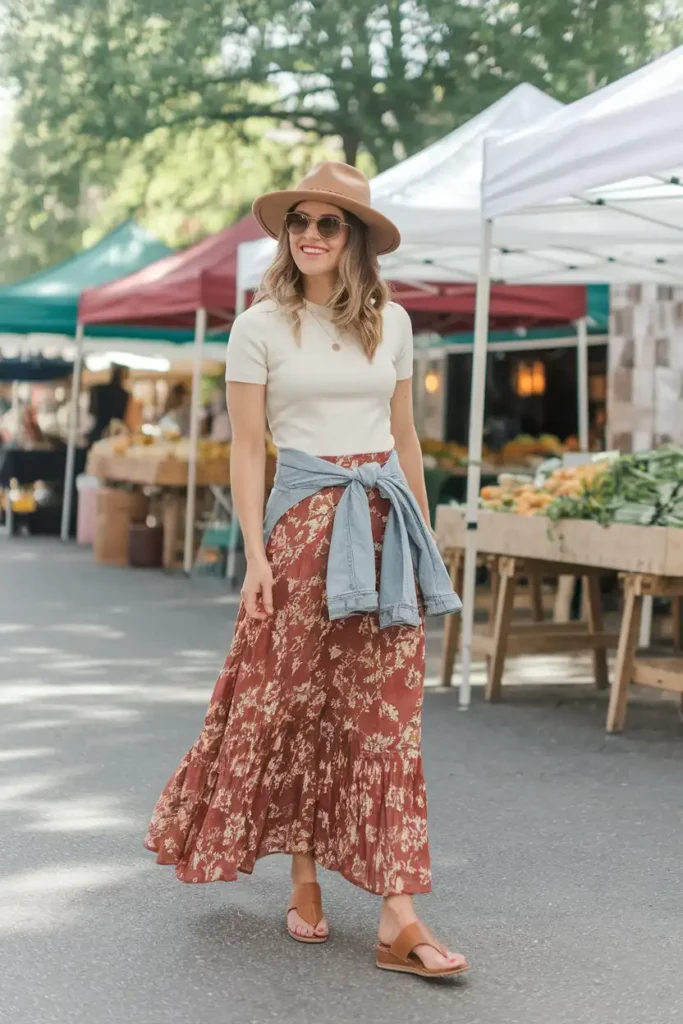 Transitional Maxi Skirt Outfits for Warmer Fall Days