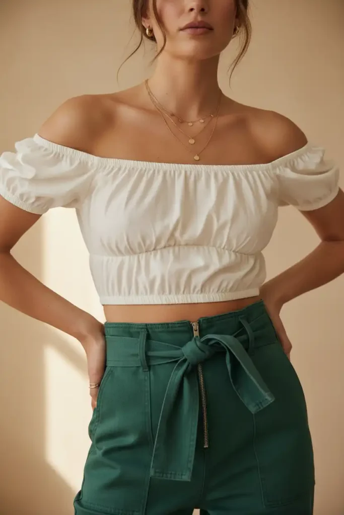 Wearing a Shoulder Crop Top Under Your Jumpsuit for a Layered Look