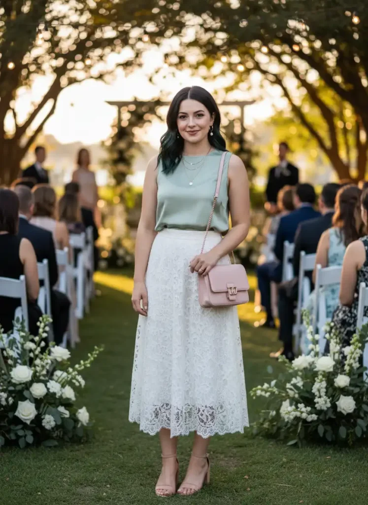 White Lace Skirt Styled for a Summer Wedding Guest Look