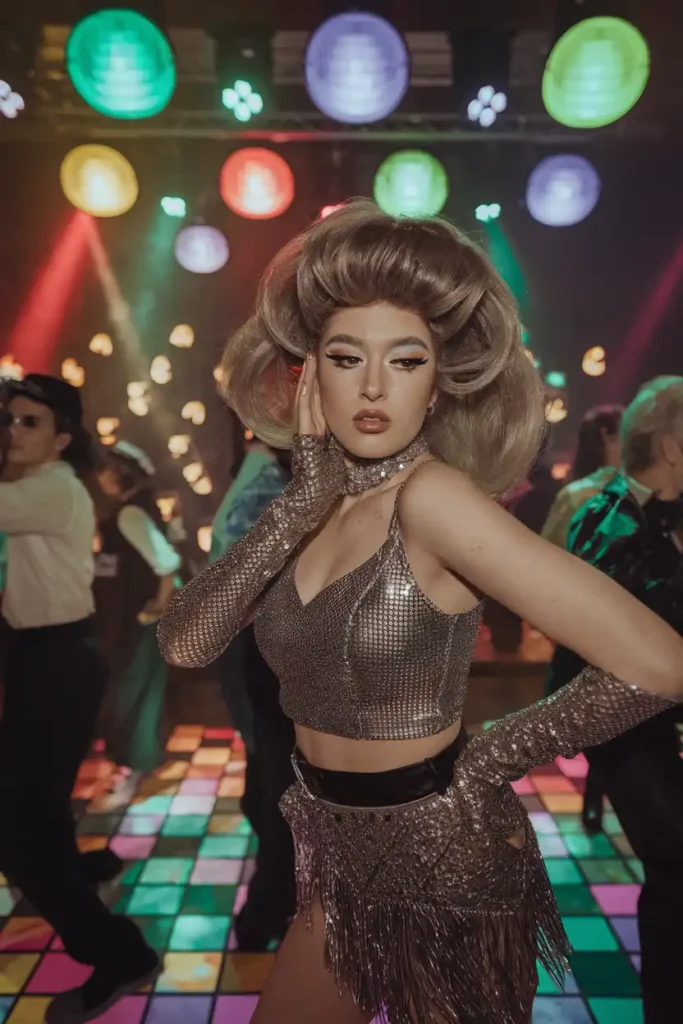 A Gloria Gaynor disco era portrait for a night out look