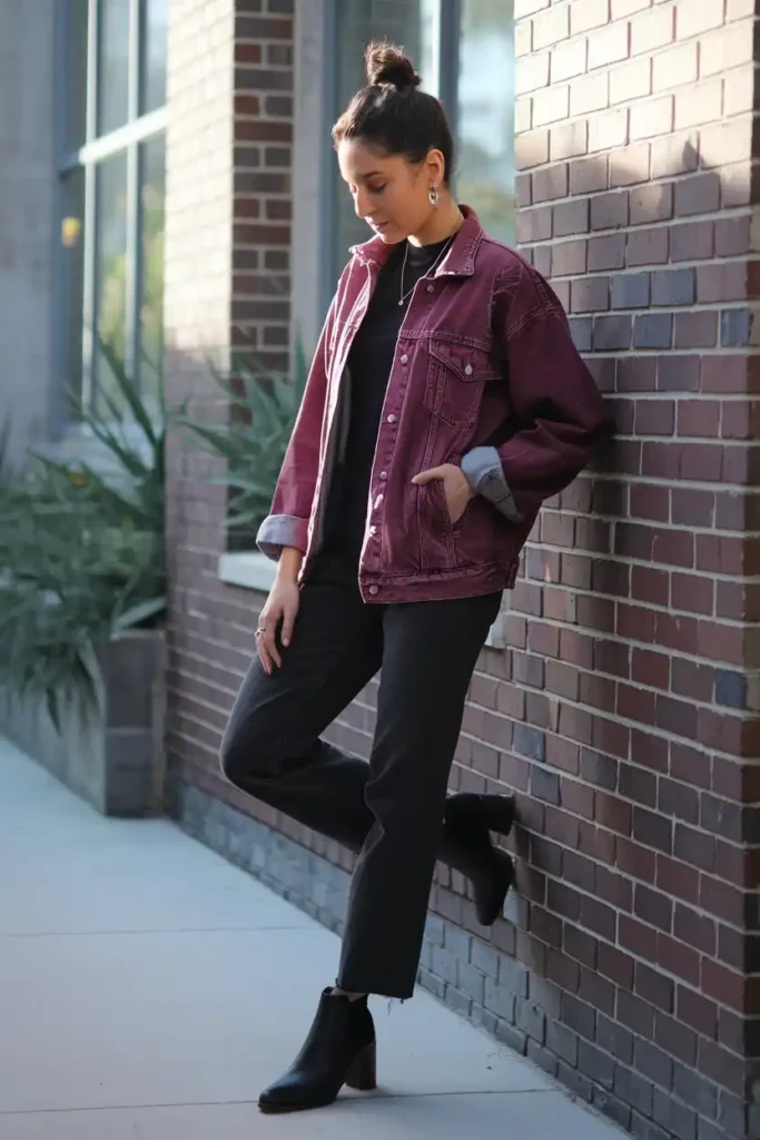 A Maroon Denim Jacket Outfit for Casual Weekends