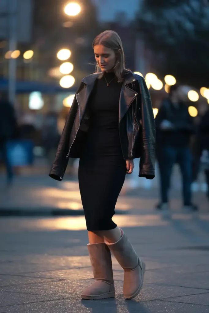 Black Dress Street Style With Uggs for a Night Out