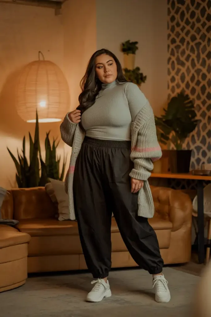Black Parachute Pants Outfit Plus Size Alternative for Fall