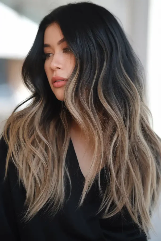Black With Brown Balayage for High Contrast Dimension