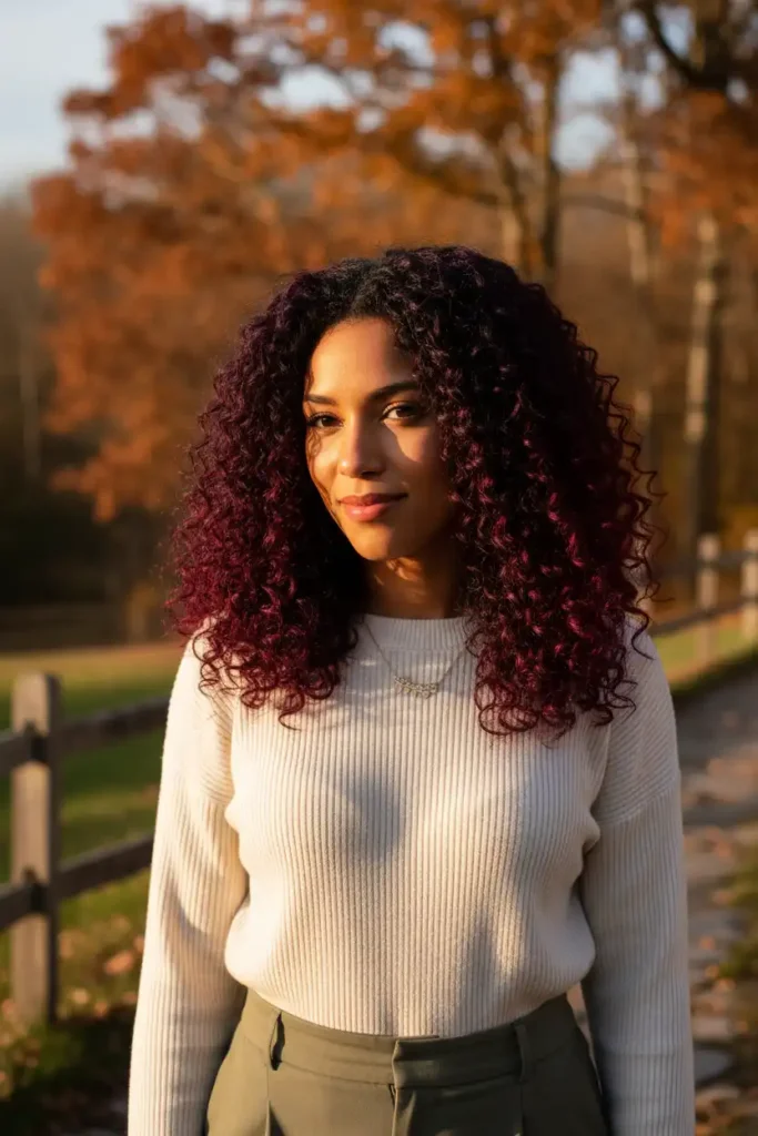 Black cherry red curly hair for a low-maintenance fall lookl