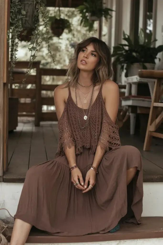 Brown Boho Skirt Outfit For A Relaxed Morning Look
