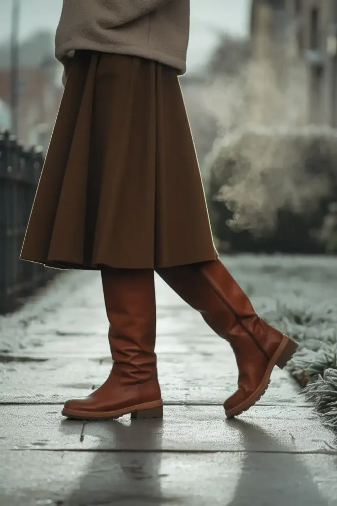 Brown Outfit With Boots For Cold Weather Rushes