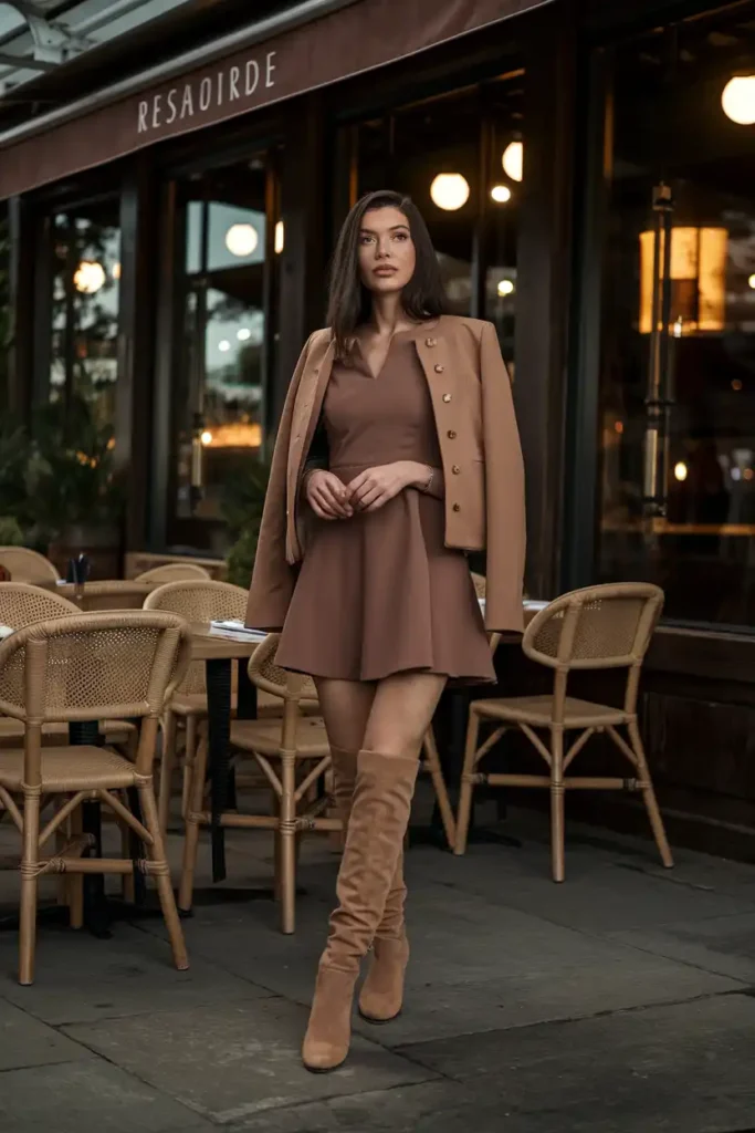 Brown mini dress for winter date night with knee high boots