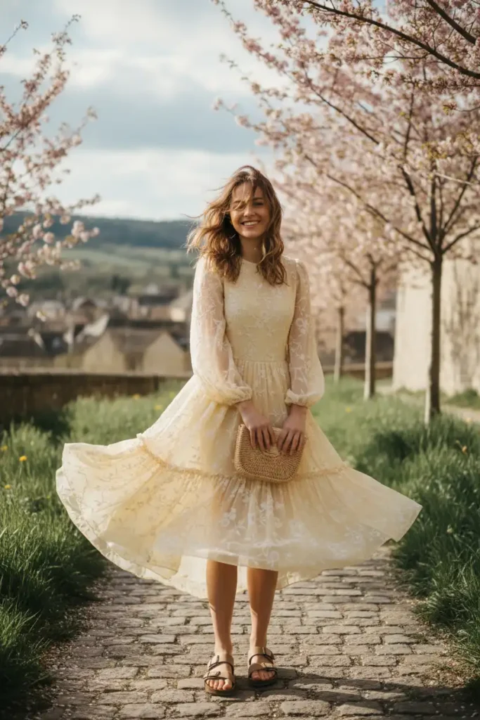 Chiffon ruffle details add movement to a simple yellow dress