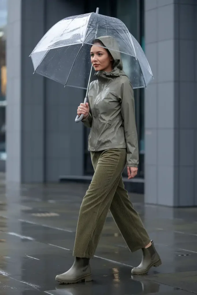 Corduroy Pants Outfit Combos for Rainy Days