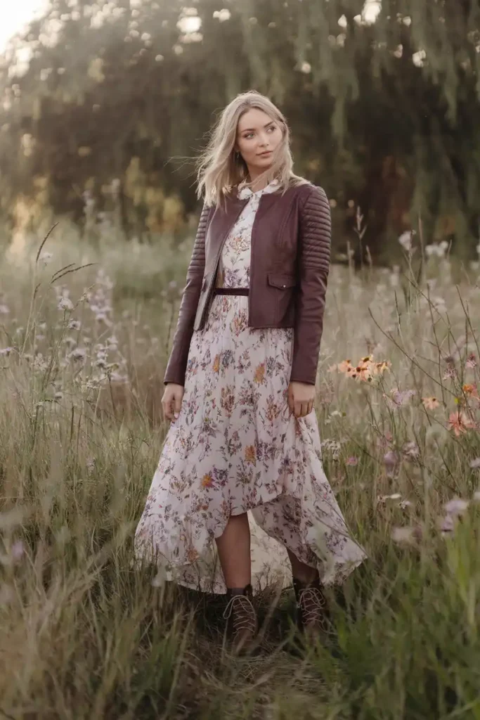 Cottage Core Fashion Meets Edgy Leather Layering