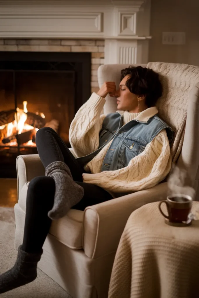 Cozy Layering With A Denim Vest And Chunky Knit Sweater